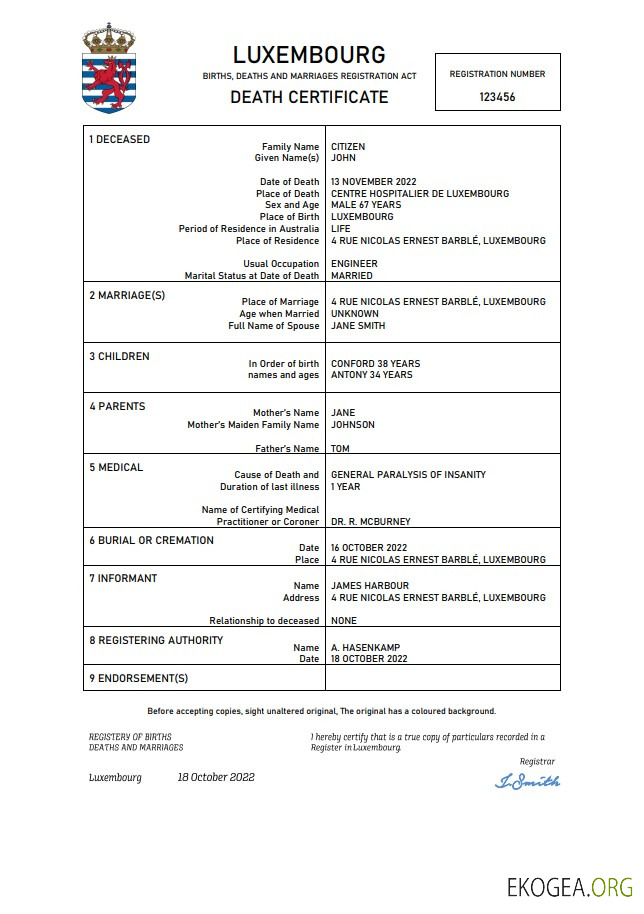 Acte de décès luxembourgeois Modèle Word et PDF